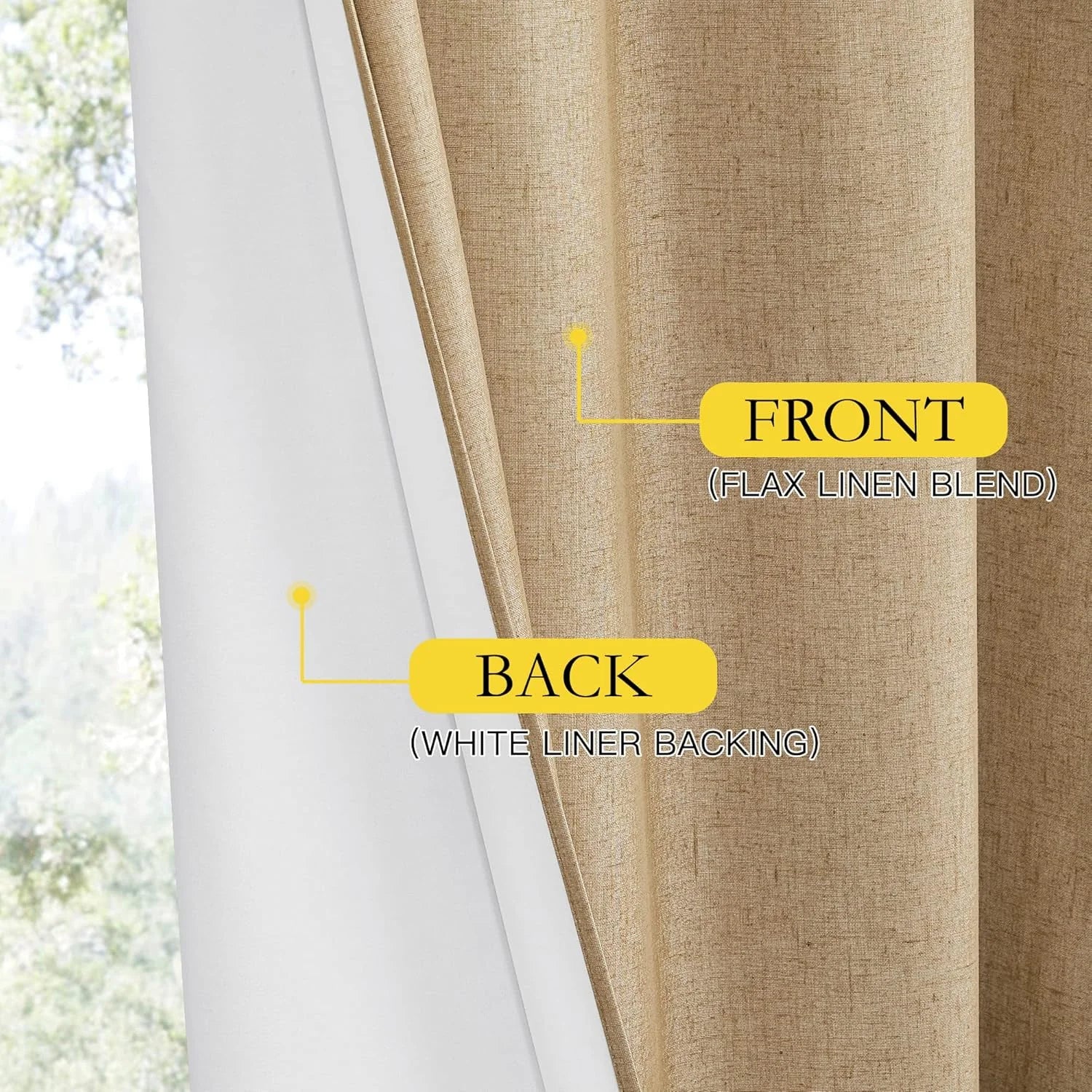 Flax linen blend curtain panel with white liner backing shown in close-up by window
