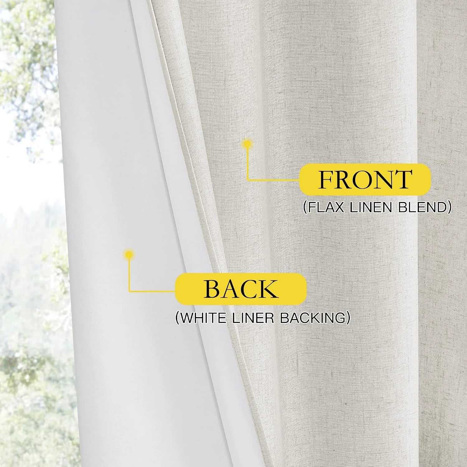 Close-up of flax linen blend curtain front with white liner backing by a window