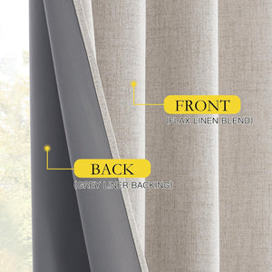 Natural flax linen blend curtain showing textured beige front and smooth dark grey blackout liner.