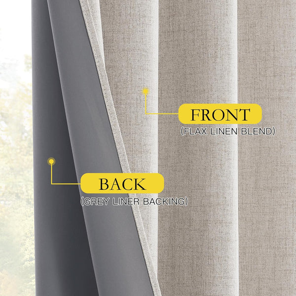 Natural flax linen blend curtain showing textured beige front and smooth dark grey blackout liner.