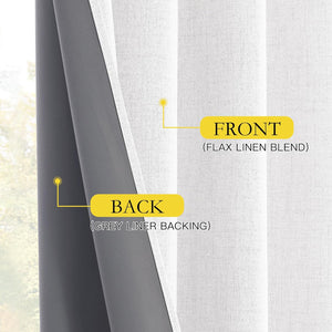 Textured flax linen blend curtain front, revealing its smooth dark grey blackout liner backing.