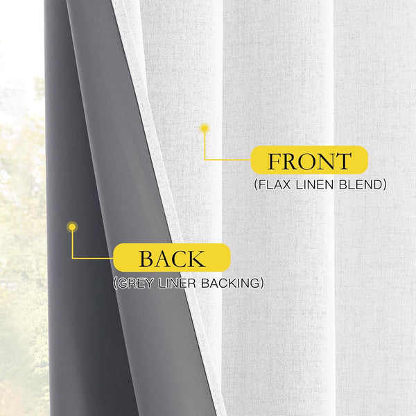 Textured flax linen blend curtain front, revealing its smooth dark grey blackout liner backing.
