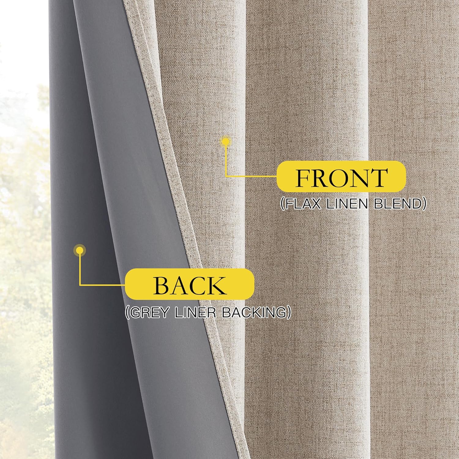 Close-up of a light beige flax linen blend curtain revealing its dark grey blackout liner backing.