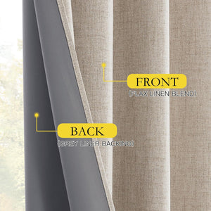 Close-up of a light beige flax linen blend curtain revealing its dark grey blackout liner backing.
