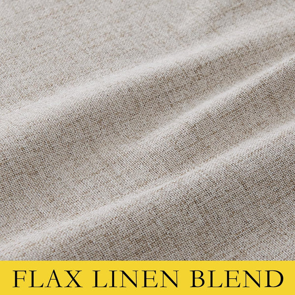 Natural light beige flax linen blend fabric, showing woven texture and soft folds.