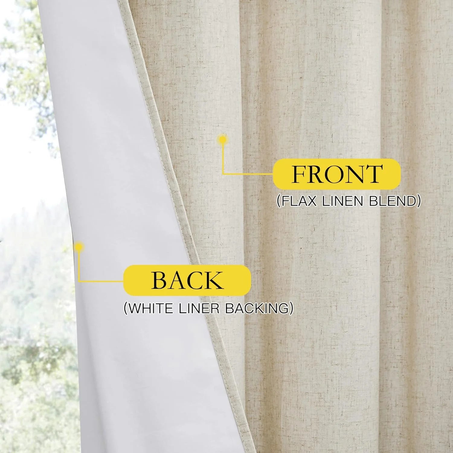 Flax linen blend curtain panel with white liner backing shown in close-up
