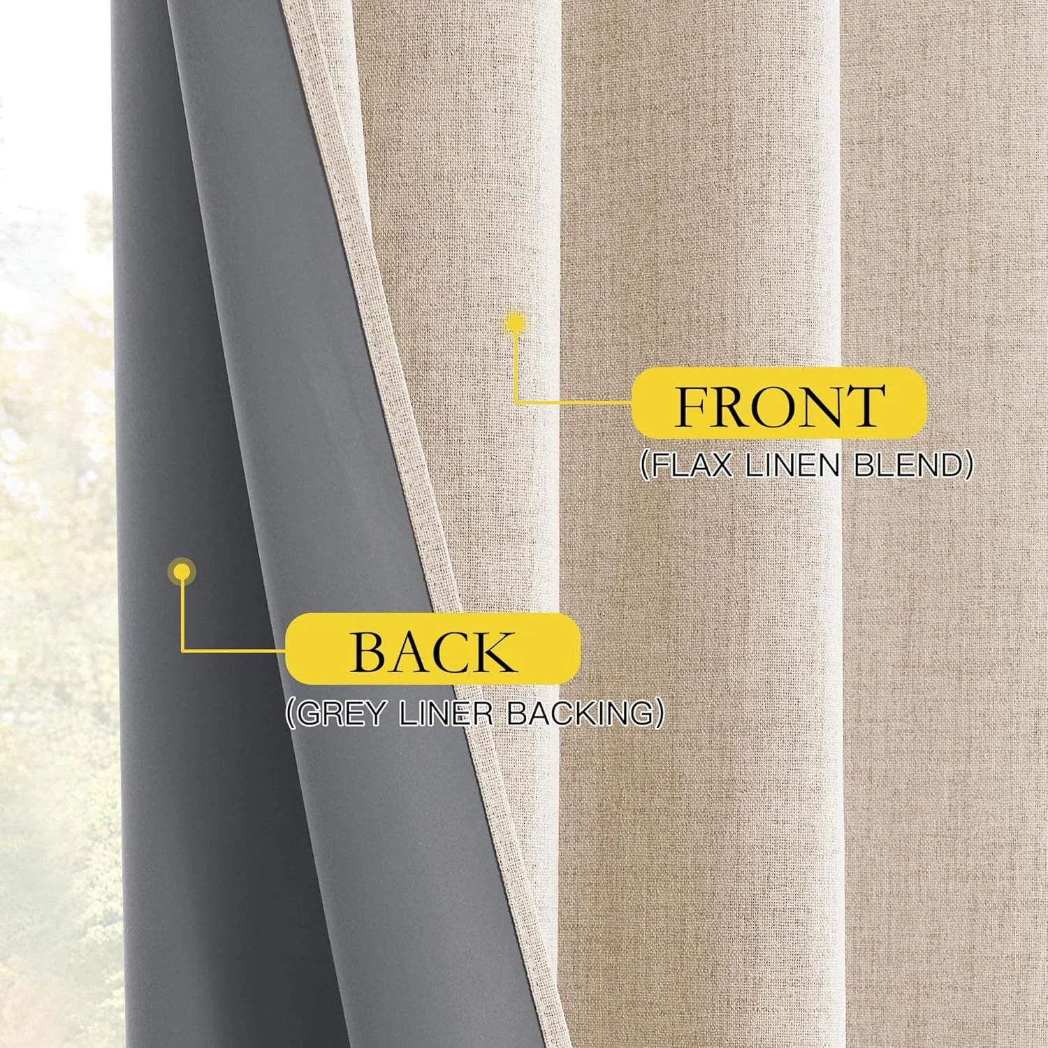 Close-up of flax linen blend curtain front with grey liner backing at a window