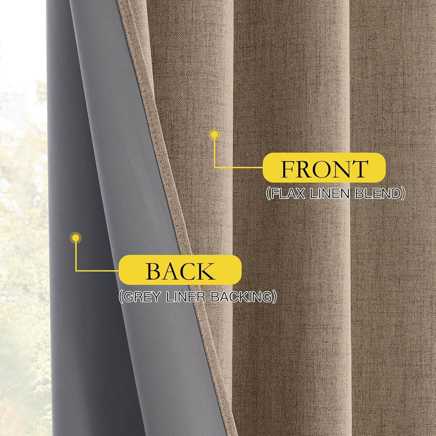 Textured flax linen blend curtain front and grey liner backing detail visible.