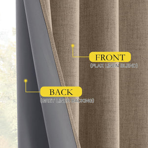 Textured flax linen blend curtain front and grey liner backing detail visible.