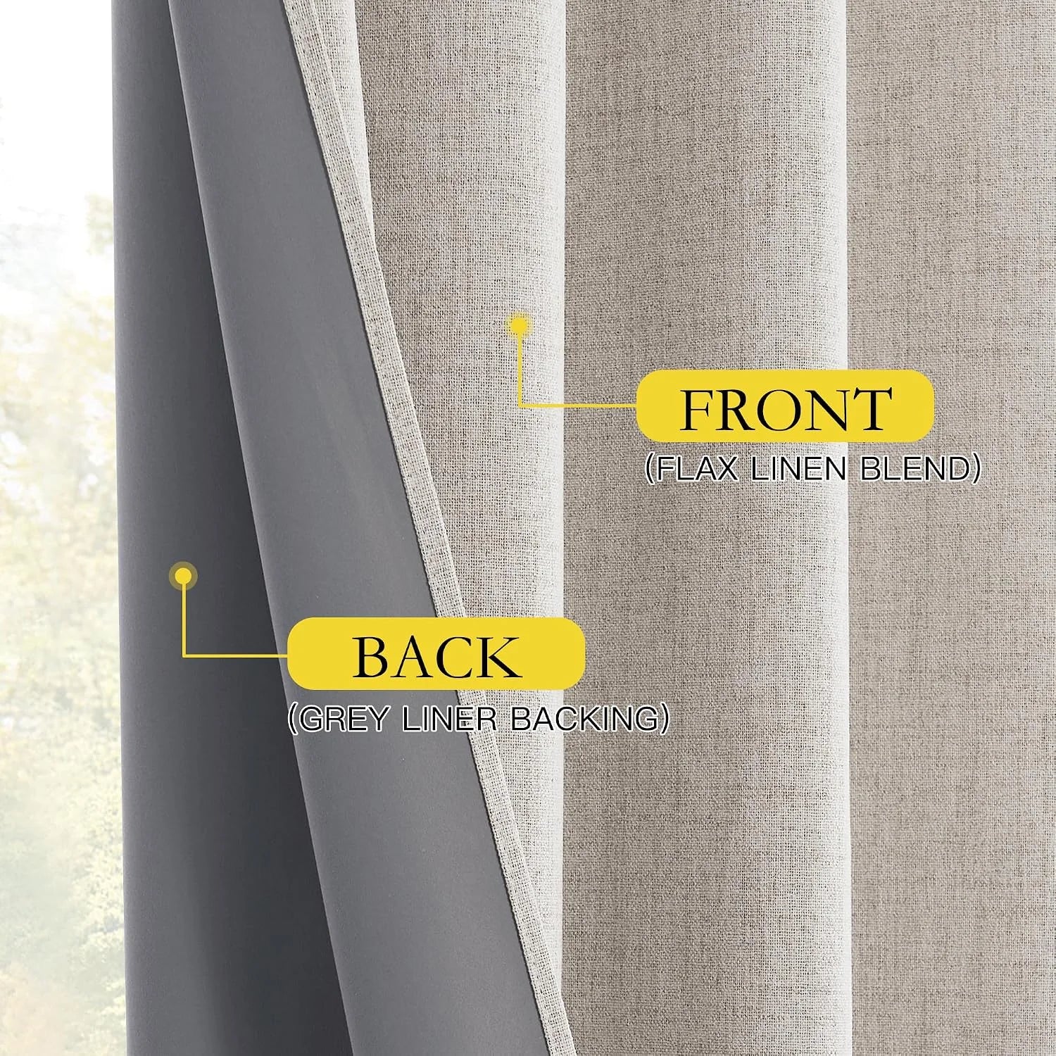 Close-up of flax linen blend curtain with grey liner backing and textured pleats