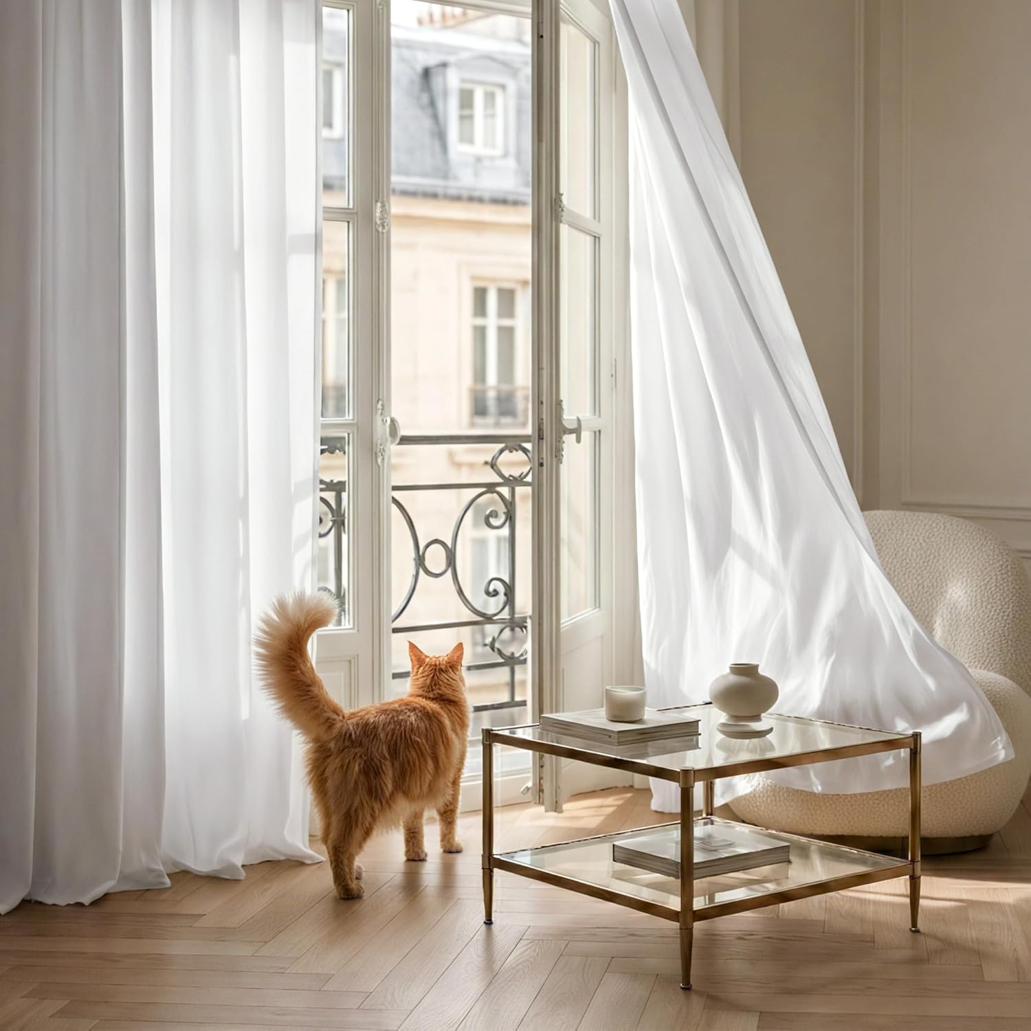 White sheer window curtains softly filter sunlight and blow gently from an open French balcony.