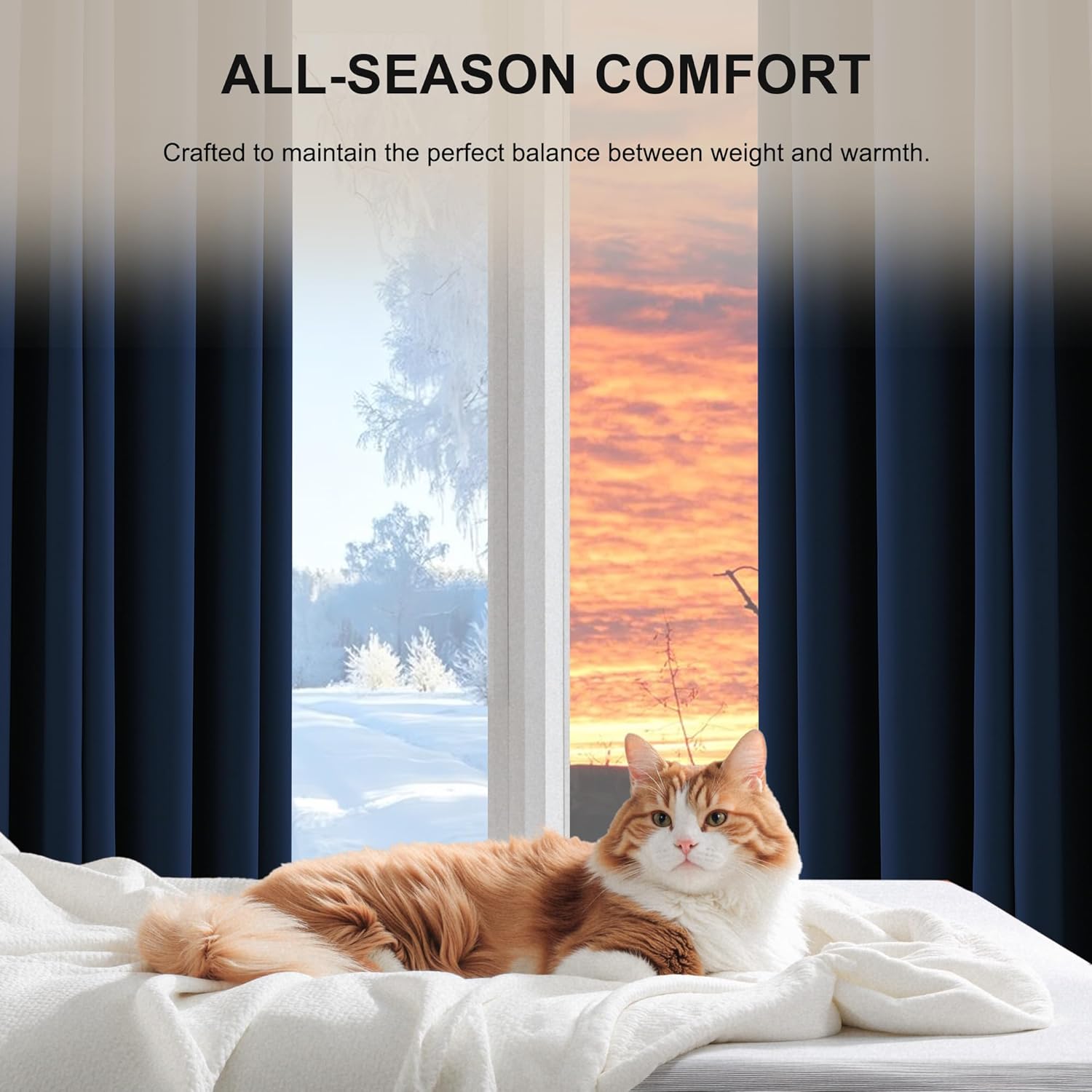 Fluffy white textured all-season blanket on a bed, with a relaxed ginger and white cat lying on it.