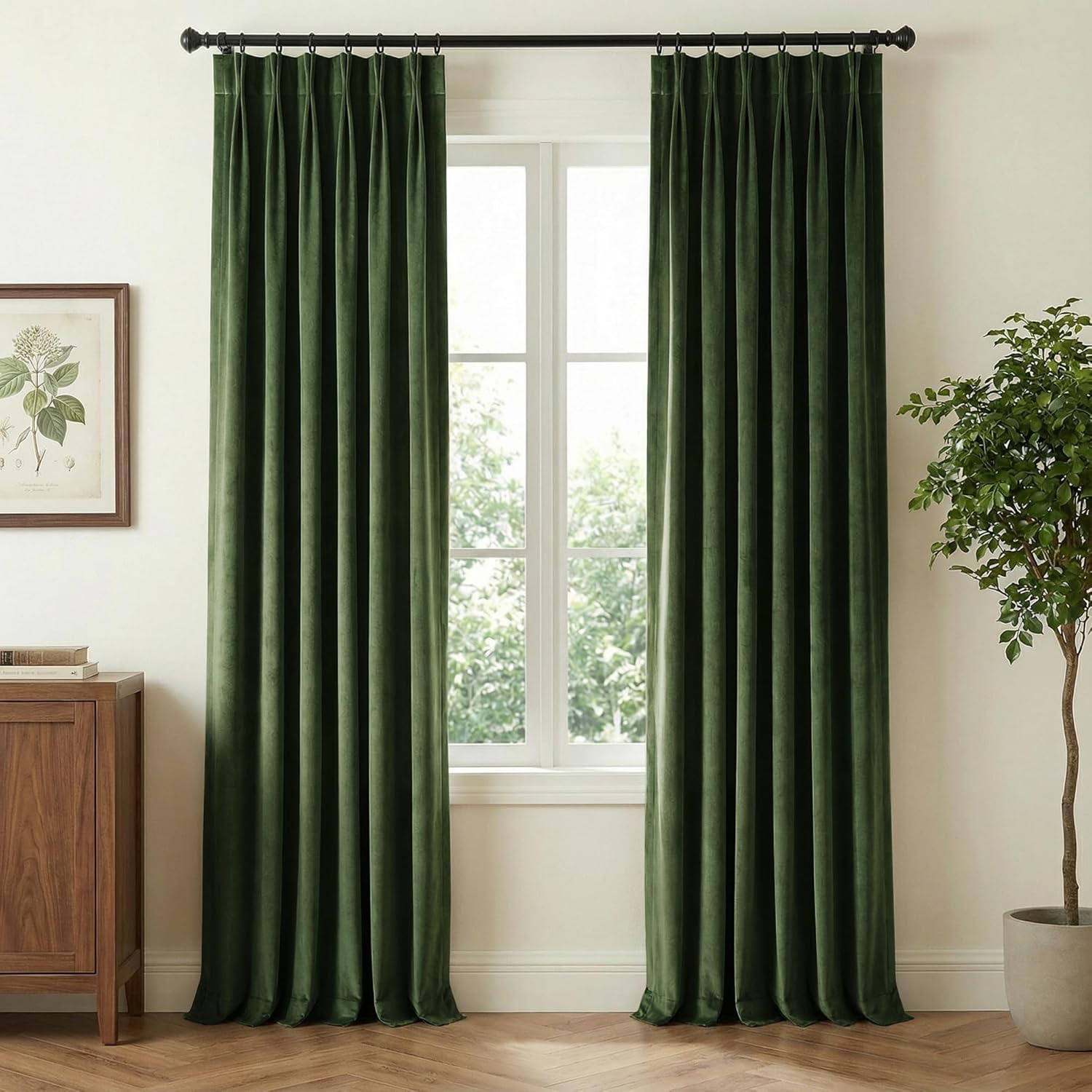 Luxurious forest green velvet curtains with tailored pinch pleats on black rod, framing sunlit window.