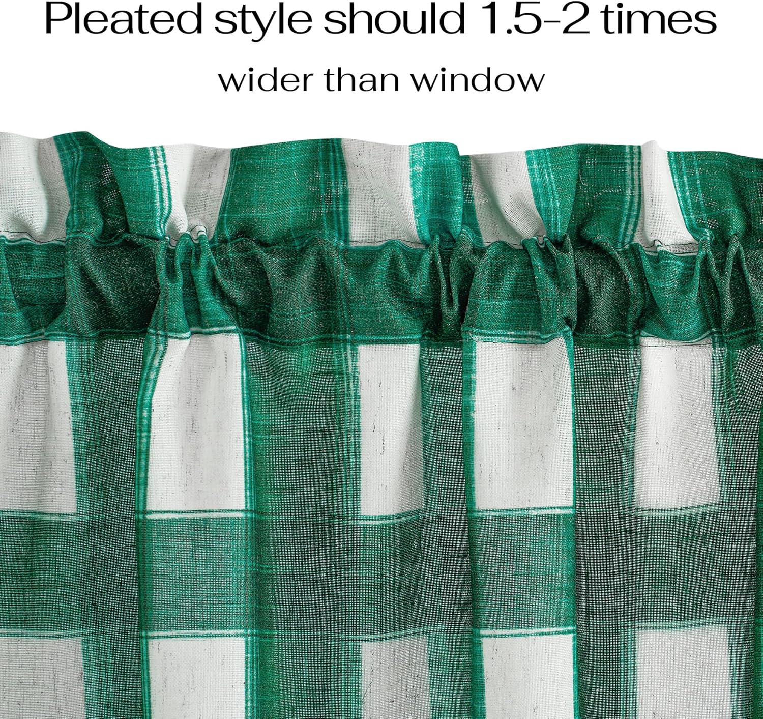 Forest green and white plaid pleated curtain with gathered rod pocket top, showing linen-like texture.
