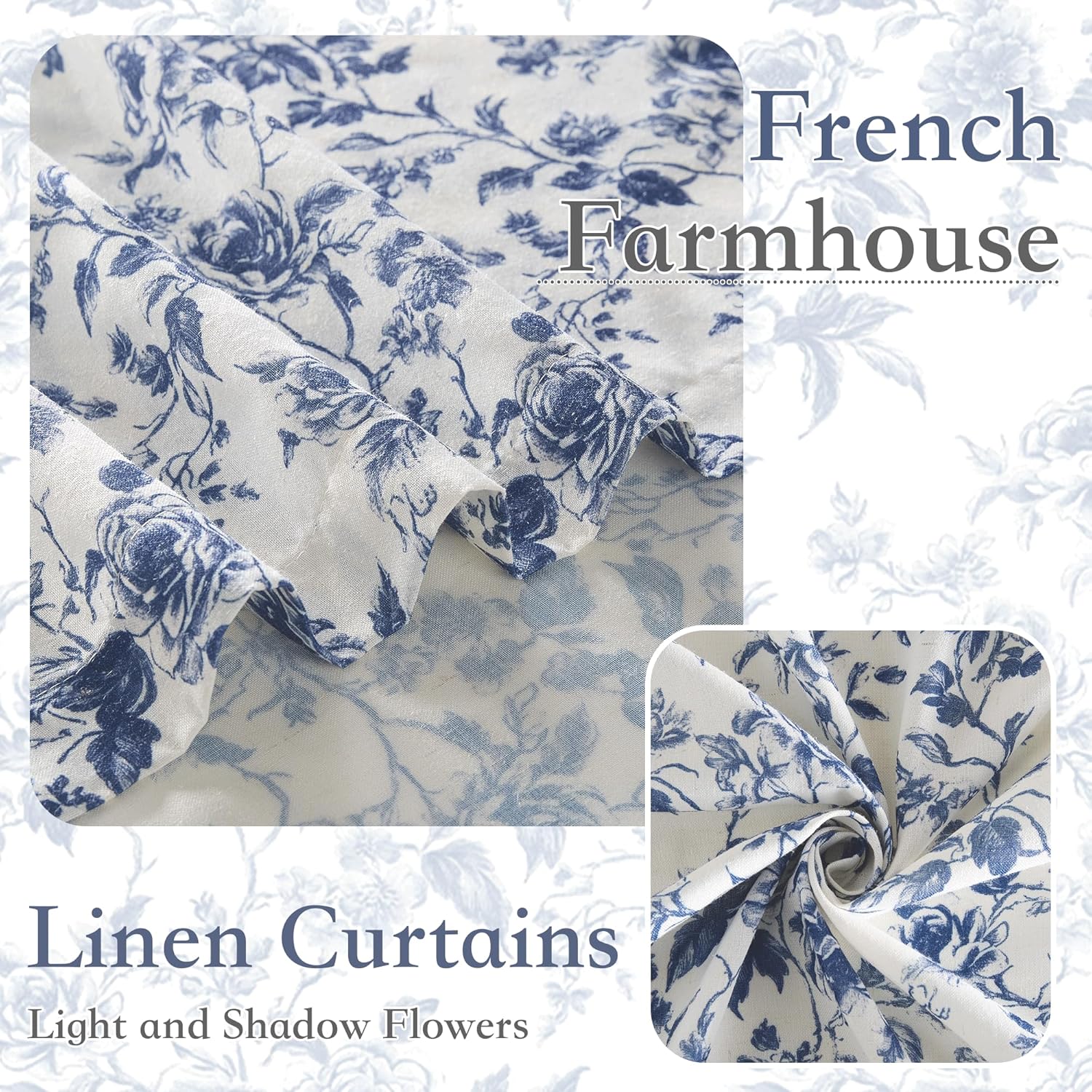Close-up of French Farmhouse blue and white floral linen curtains with rose pattern.