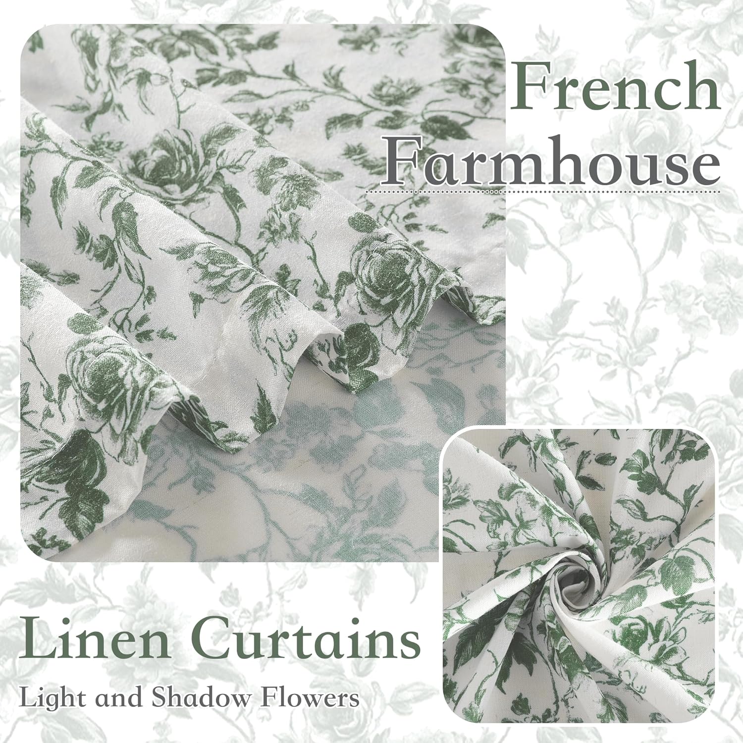 White linen curtain fabric with intricate green floral rose pattern, draped for a French farmhouse look.