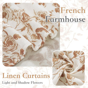 Close-up of cream linen curtains with rustic brown rose floral print, in a French farmhouse style.