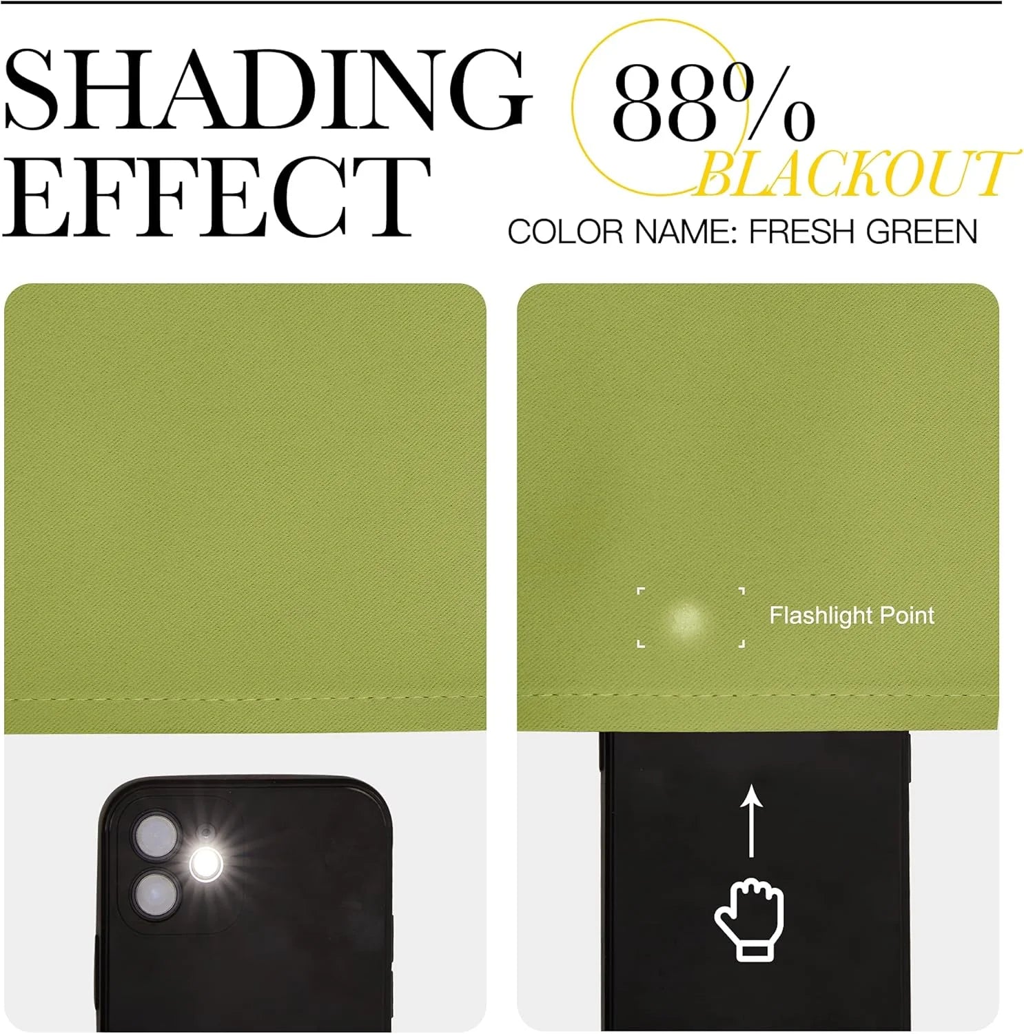 Fresh green blackout fabric swatch showing 88% shading effect with flashlight test
