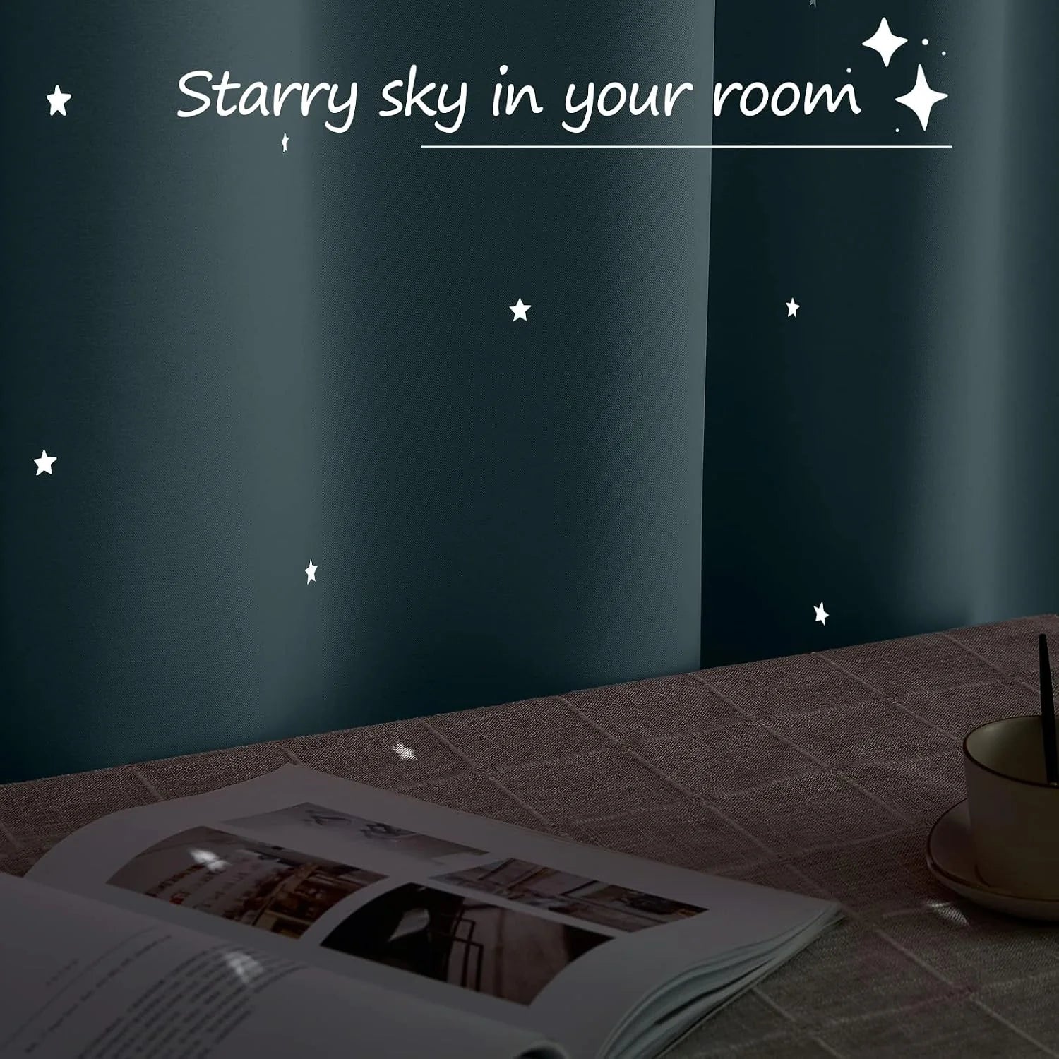 Glow in the dark star wall stickers on a dark bedroom wall above a bedside table
