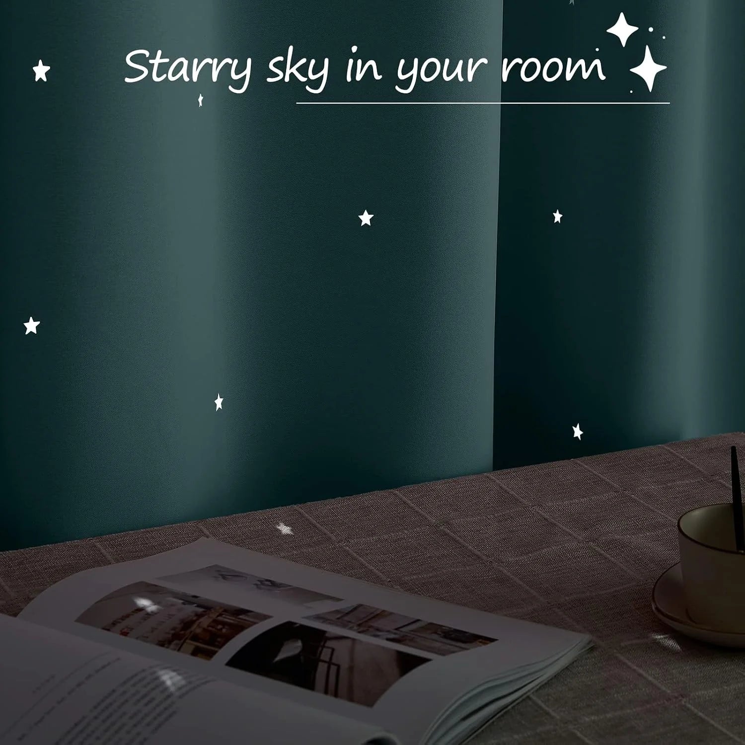 Dark teal curtain panel with glowing star details beside a cozy tabletop scene