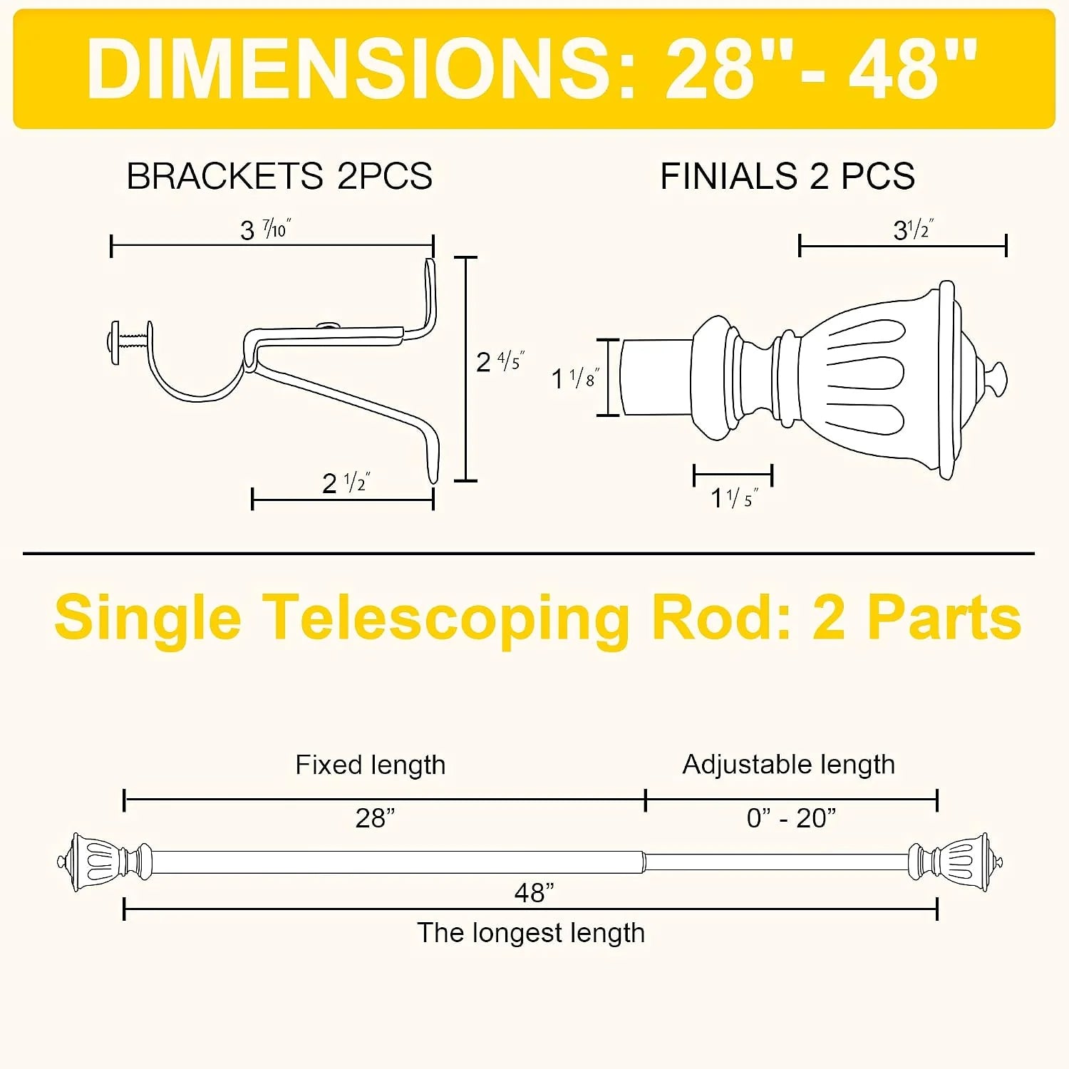 Curtain rod dimensions chart showing 28 to 48 inch telescoping rod, brackets and finials
