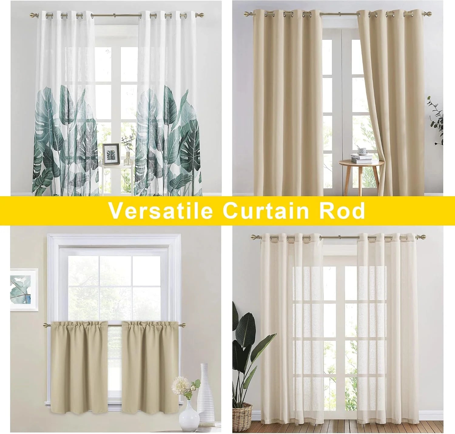 Gold curtain rod shown with sheer, blackout, cafe, and printed curtains on windows