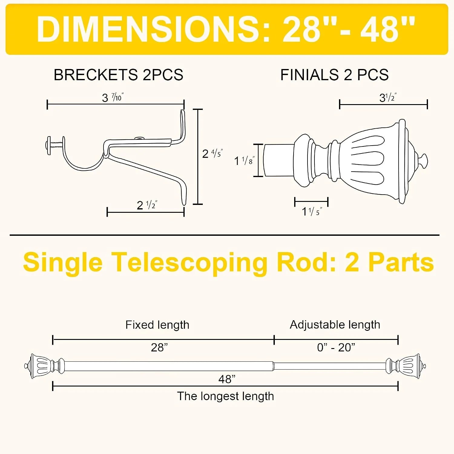 Curtain rod dimension chart with brackets, finials, and adjustable 28 to 48 inch length