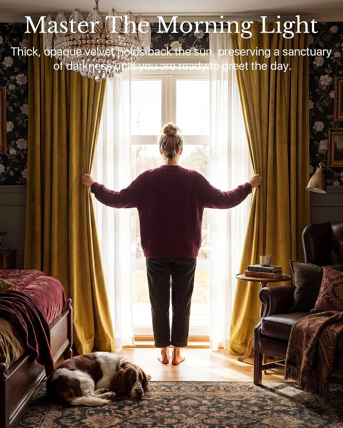 Woman opening gold velvet blackout curtains in a cozy bedroom with sheer drapes