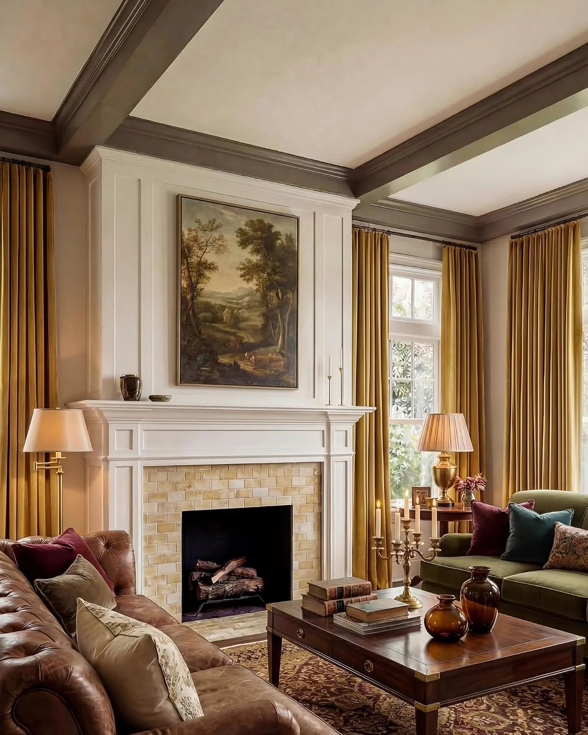 Gold velvet curtains framing tall windows in a traditional living room with fireplace