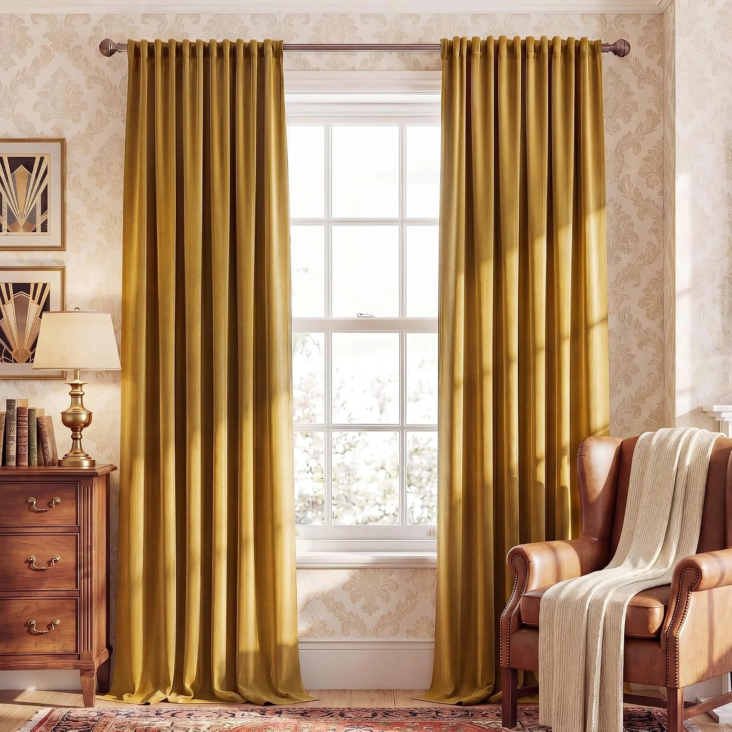 Gold velvet pleated curtains framing a sunlit window in a classic living room