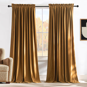 Lush gold velvet curtains with a gathered rod pocket top, elegantly hanging in a living room.
