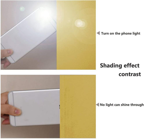 Demonstration of golden blackout fabric blocking phone light, showcasing its effective shading and light-blocking capability.