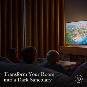 Golden brown pleated blackout curtains drawn, creating a dark room for children watching TV.