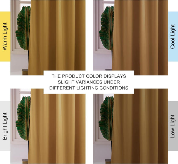 Solid golden brown curtain panel demonstrating color variance under warm, cool, bright, and low light.