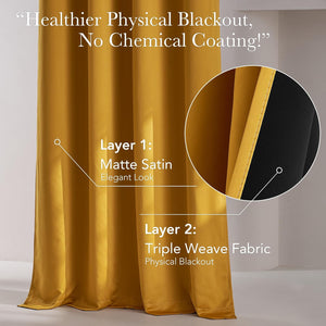 Close up of golden yellow matte satin blackout curtains featuring a triple weave inner layer.