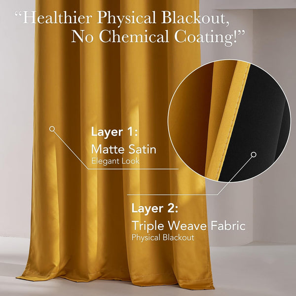 Close up of golden yellow matte satin blackout curtains featuring a triple weave inner layer.