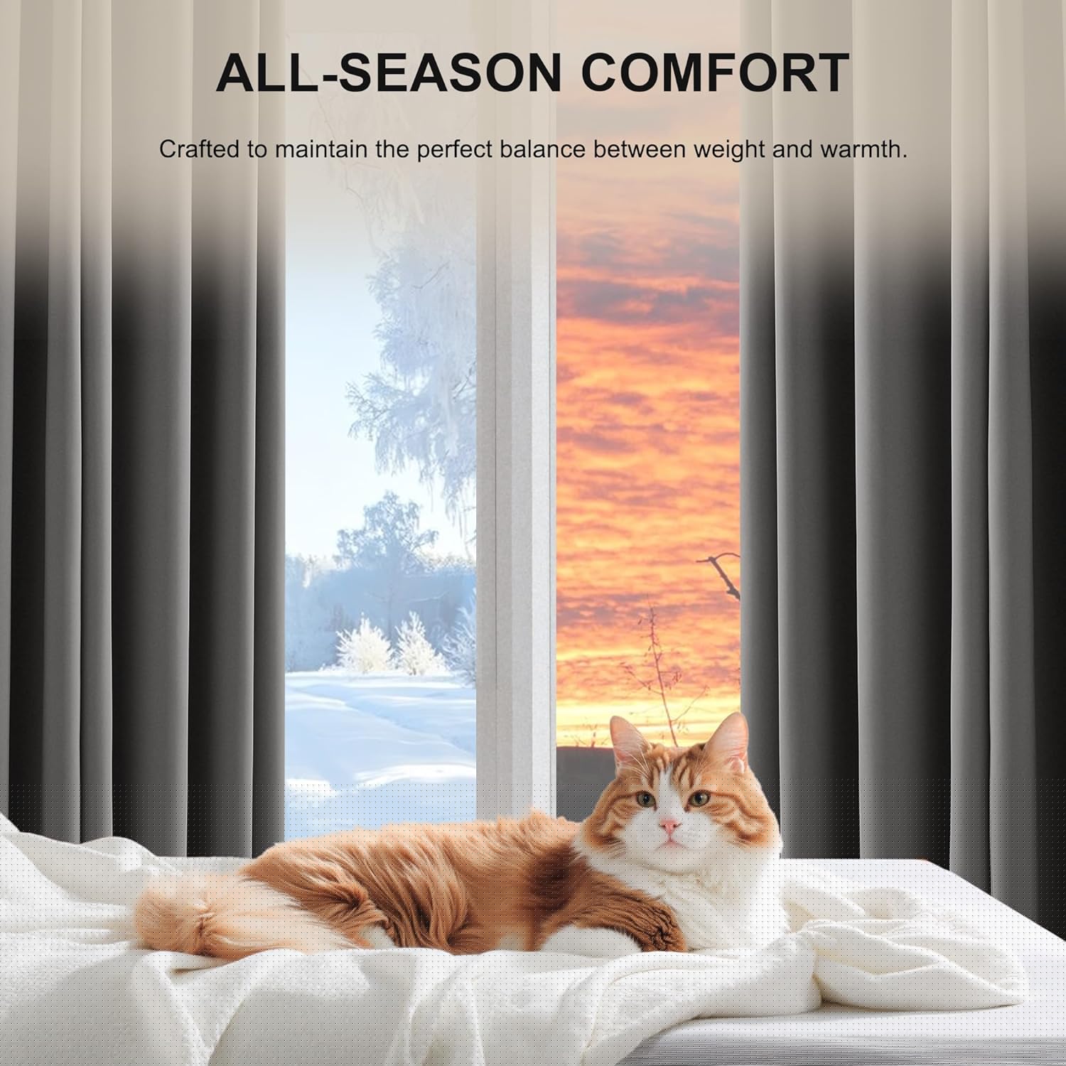 Gradient gray blackout window curtains with a light to dark fade, framing a window with winter scene.