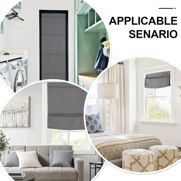 Adjustable gray fabric blackout shades shown on various windows and a door, providing light blocking and privacy.