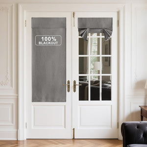 Gray adjustable blackout roman shades on white french doors. One fully extended, one tied up.