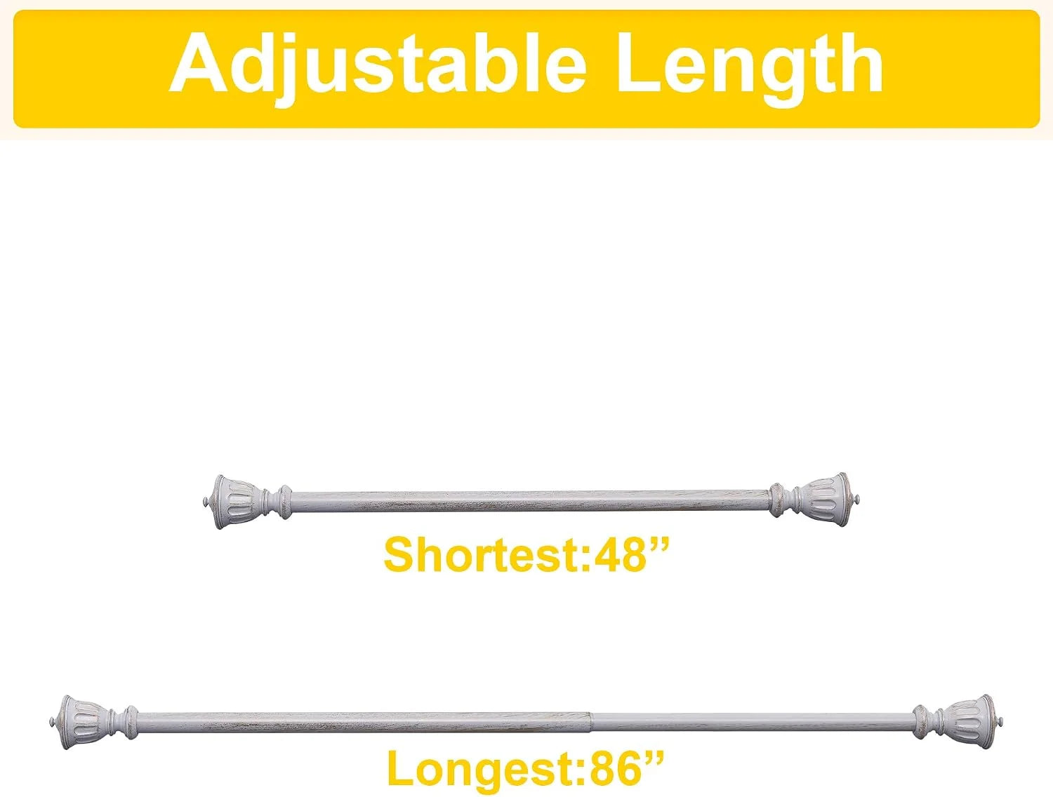 Gray adjustable curtain rod shown at 48 inch and 86 inch lengths
