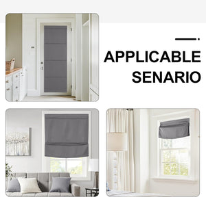Gray adjustable fabric blind providing privacy on a door window and a living room window.