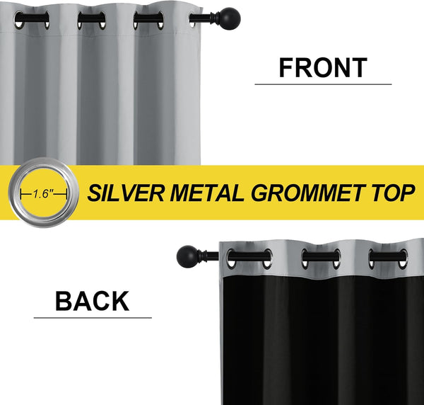 Light gray blackout curtain front and black back, featuring silver metal grommet top.