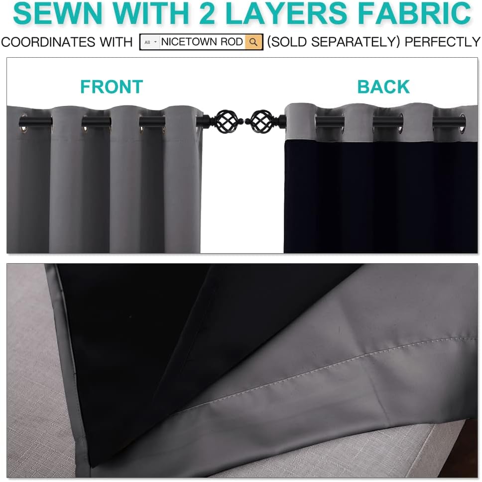 Gray front and dark back reversible two-layer grommet curtains, highlighting their thick blackout fabric.