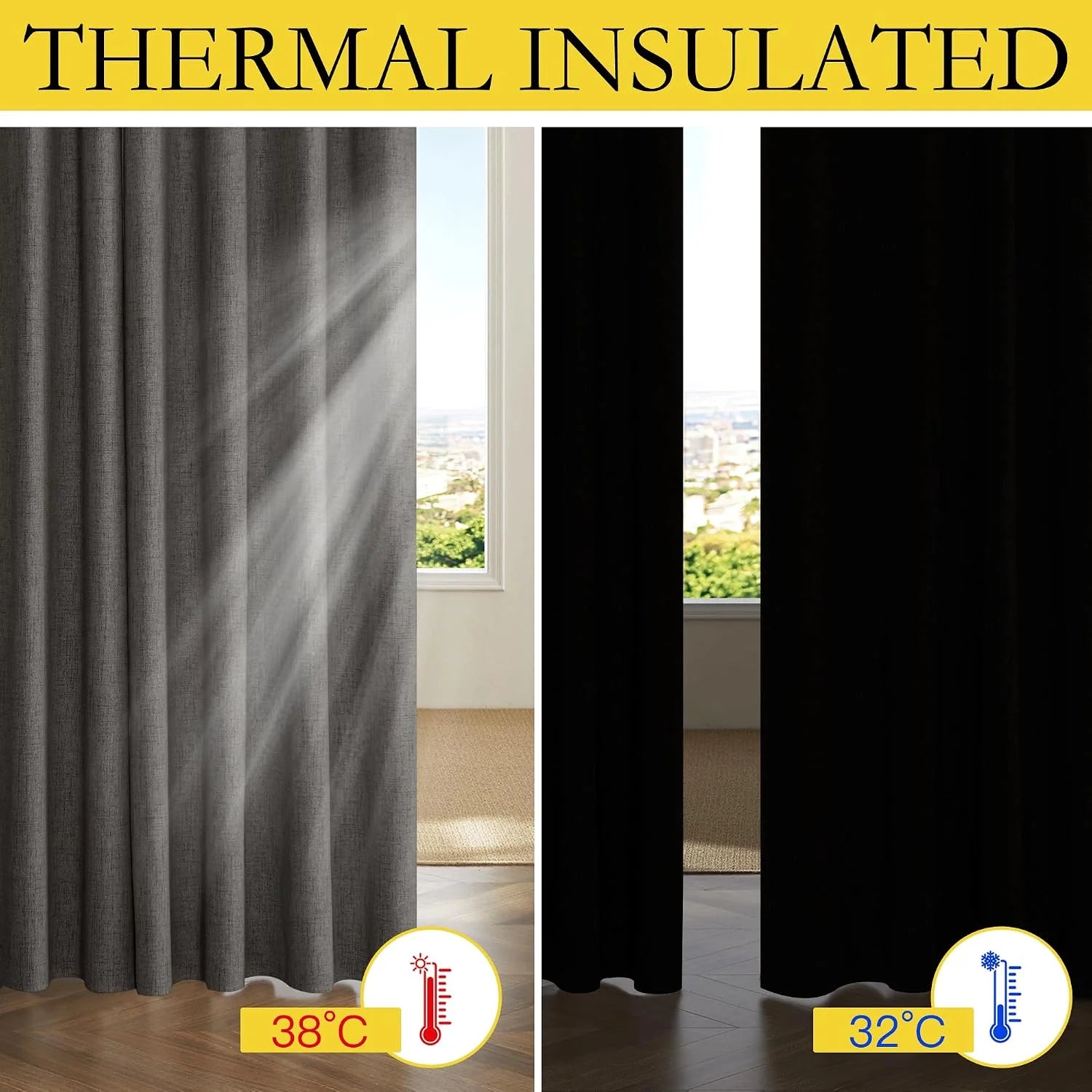 Gray thermal insulated curtain panels shown blocking heat and sunlight by a window