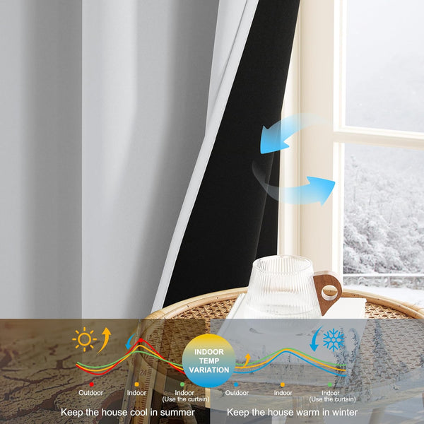 Light gray thermal blackout curtain by window. Infographic details seasonal indoor temperature control.