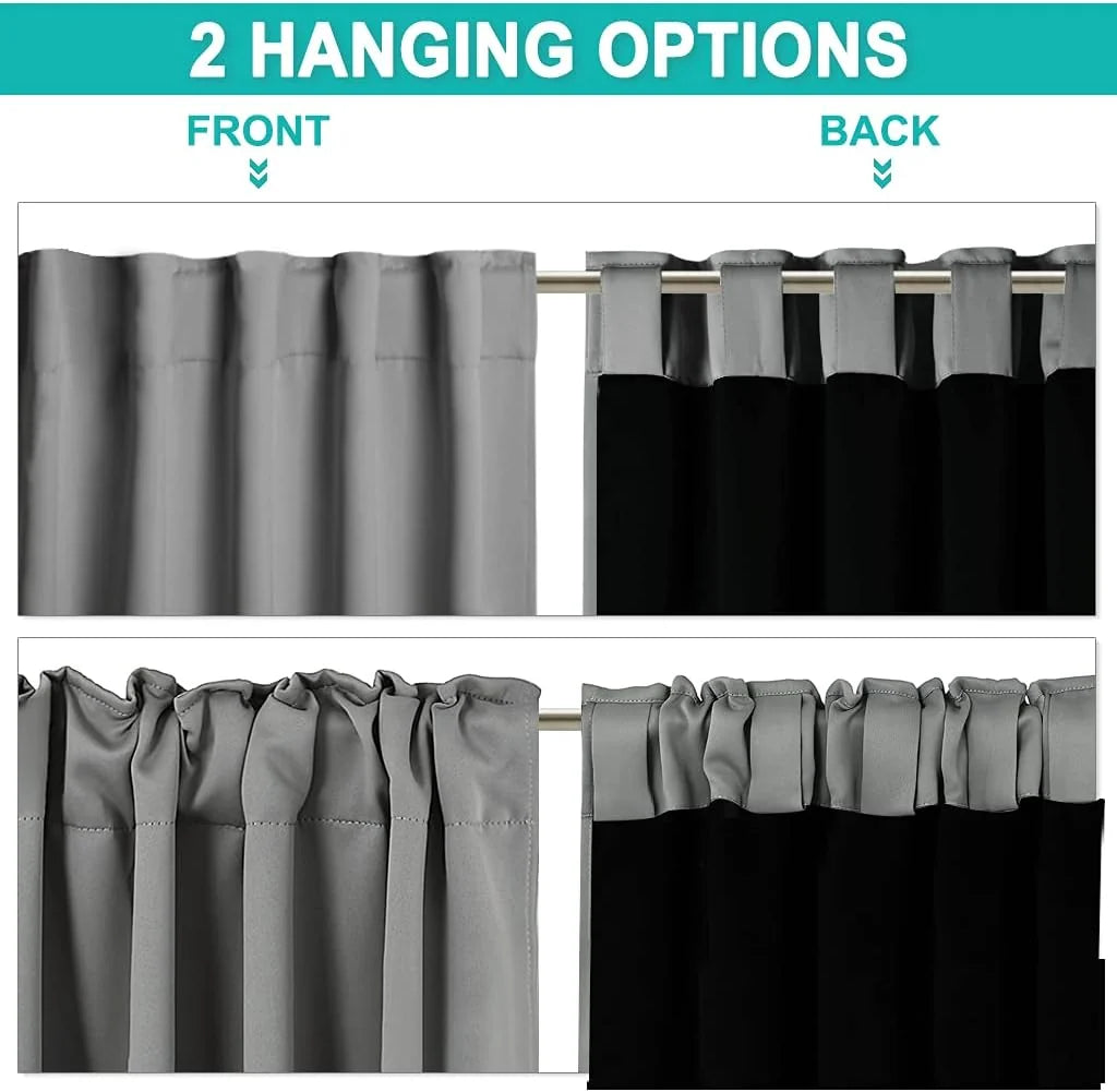 Gray blackout curtain panel showing front and back tab hanging options on rod