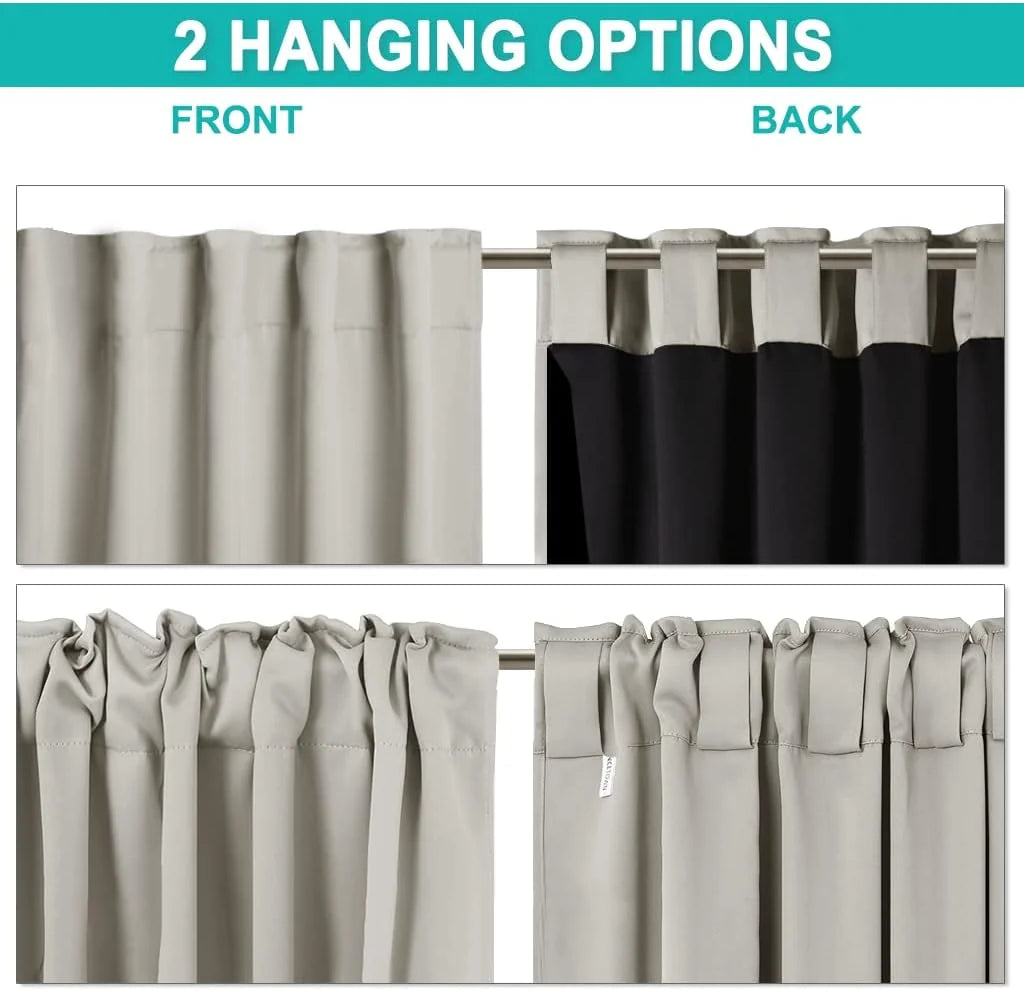 Gray blackout curtain panels showing front and back hanging tab options on a rod