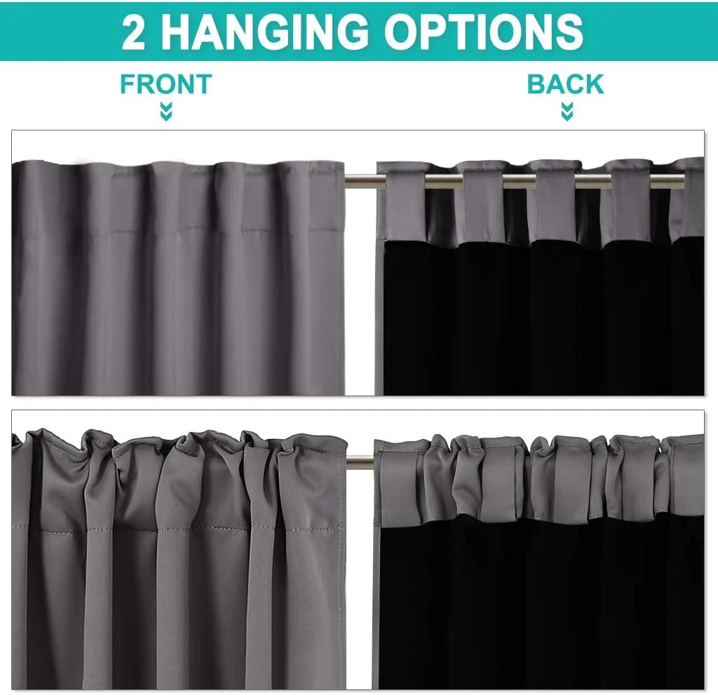Gray blackout curtain panel showing front and back rod pocket hanging options