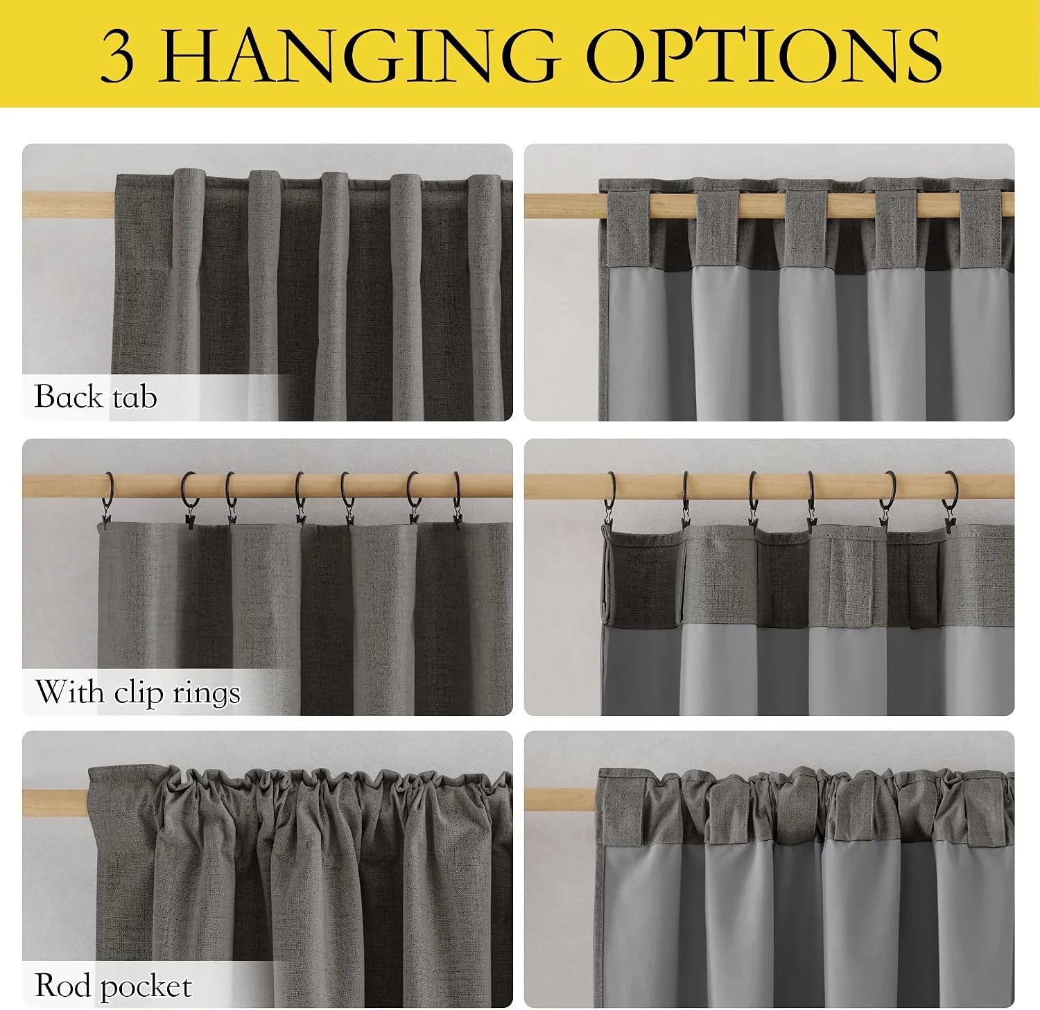 Gray blackout curtain panel showing back tab, clip rings, and rod pocket hanging styles