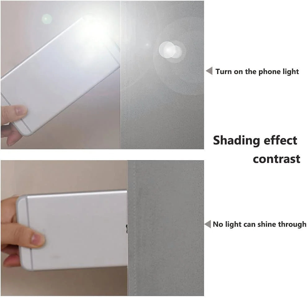 Gray blackout curtain fabric blocking phone flashlight in side-by-side light test